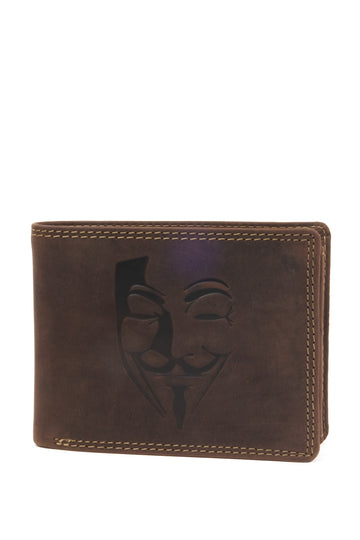 Horizontal Leather Wallet with Anonymous Mask Embossing – Dark Brown