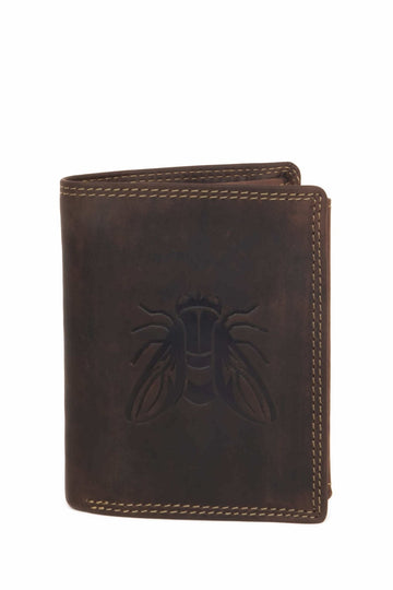 Front view of brown vertical leather wallet with bee embossing