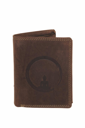 Zen Embossed Vertical Trifold Leather Wallet – Cognac