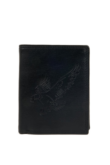 Vertical black leather wallet with eagle embossing – front view
