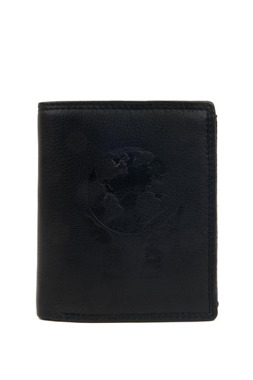 Vertical trifold black leather wallet embossed with a hand holding the world
