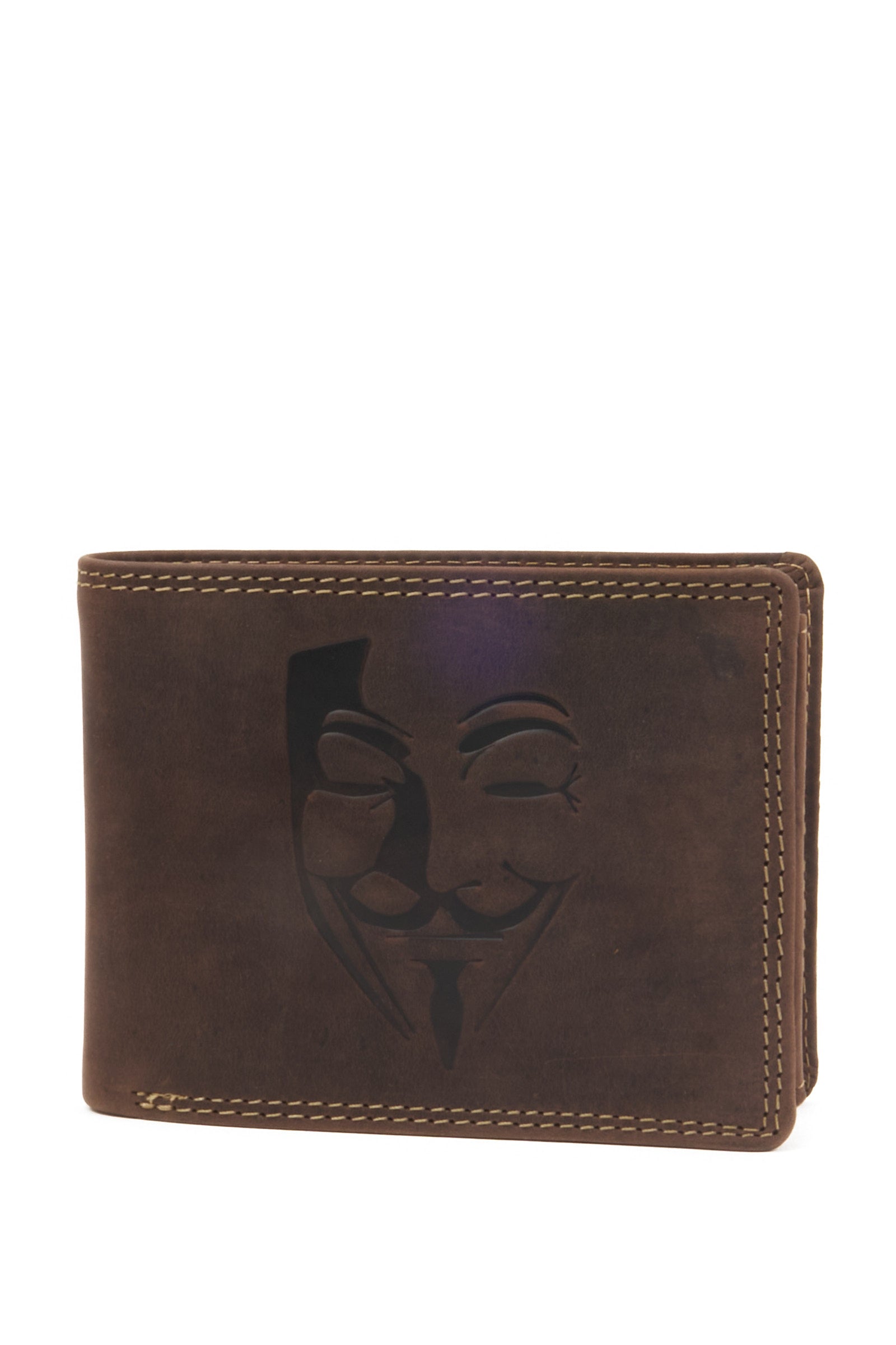 Horizontal Leather Wallet with Anonymous Mask Embossing – Dark Brown
