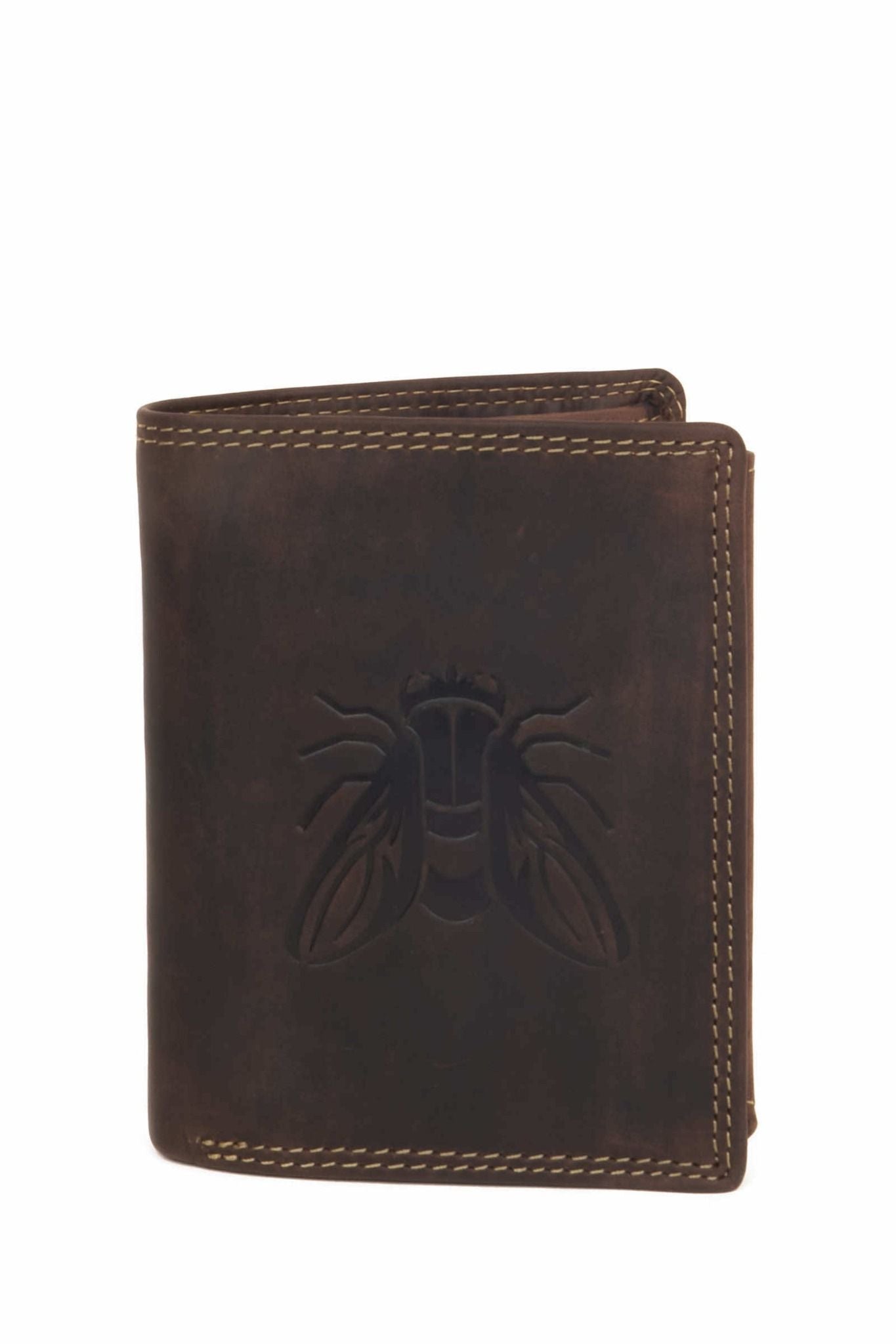 Front view of brown vertical leather wallet with bee embossing