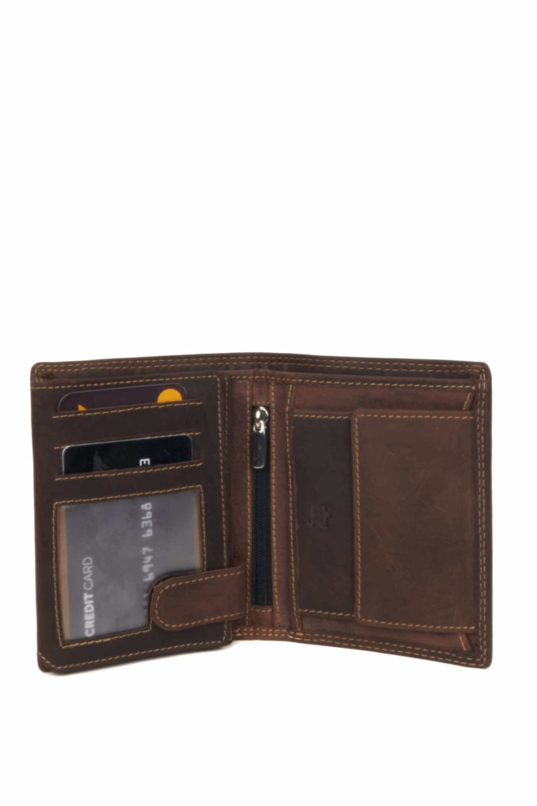 Front view of brown vertical leather wallet with bee embossing