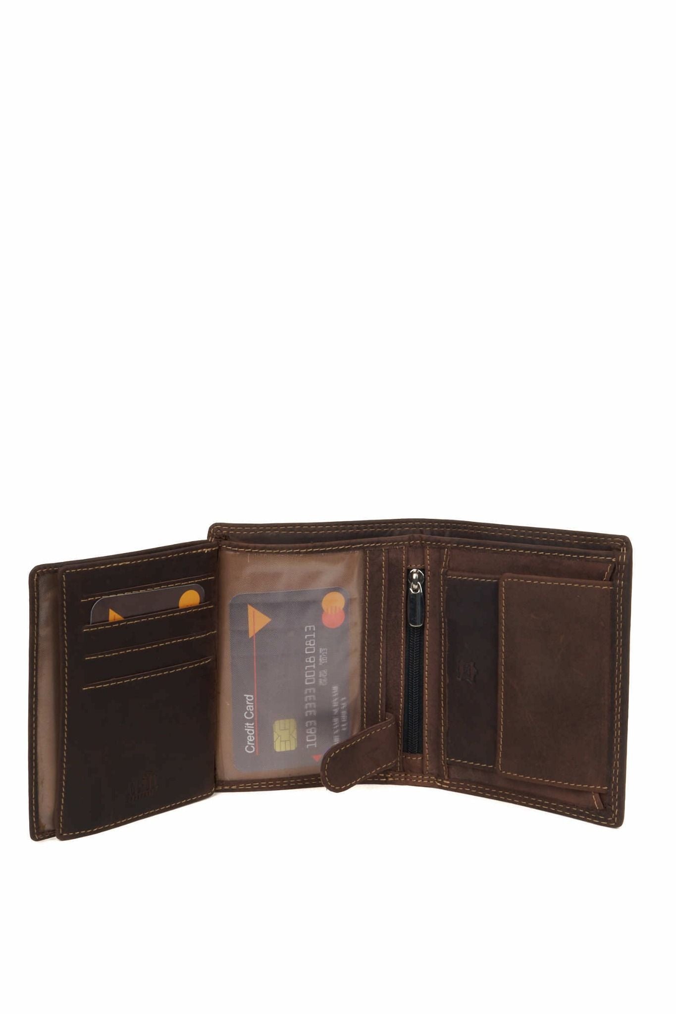 Side profile of brown leather wallet – vertical trifold