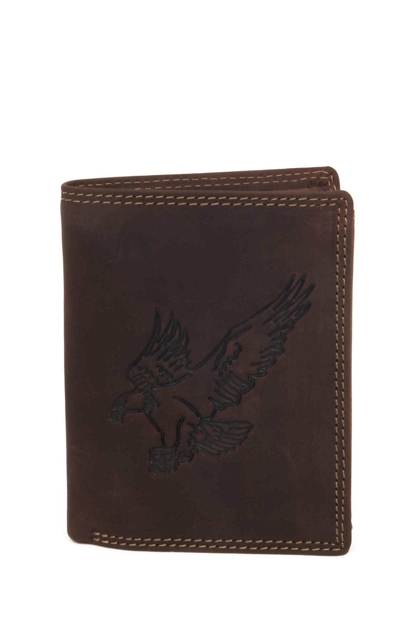 Eagle Embossed Vertical Trifold Leather Wallet – Cognac Brown