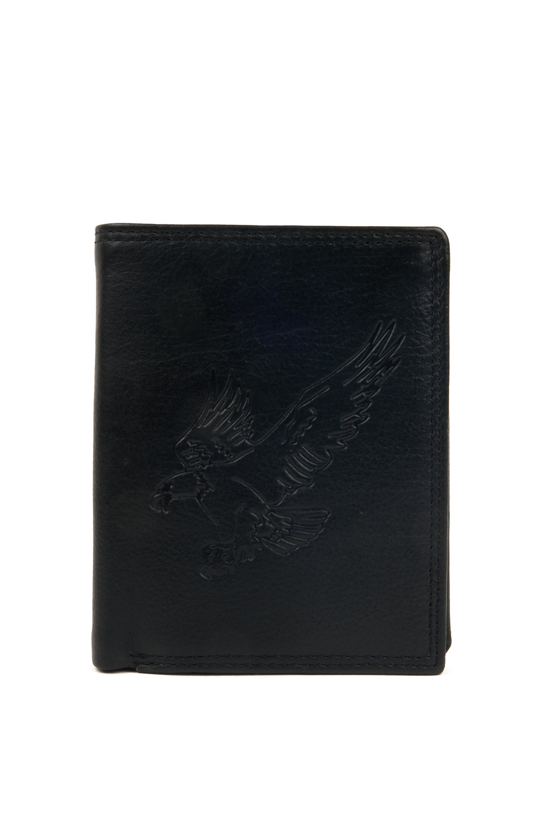 Vertical black leather wallet with eagle embossing – front view