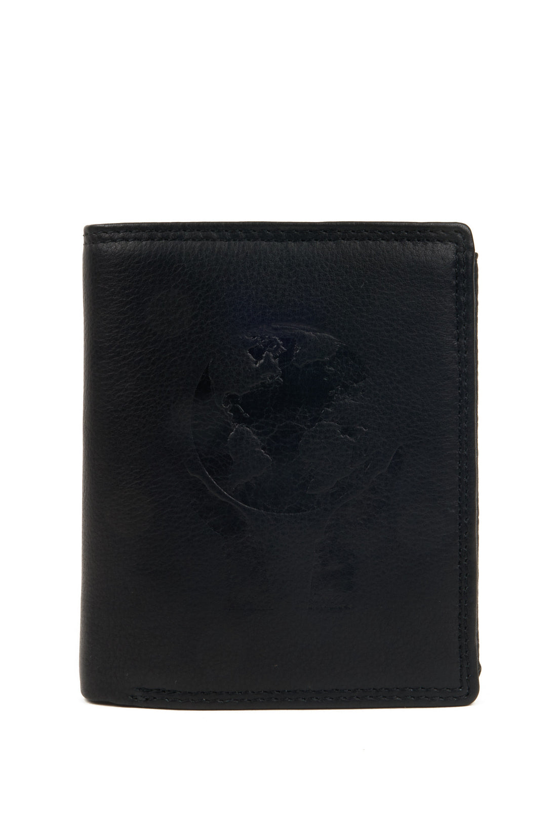 Vertical trifold black leather wallet embossed with a hand holding the world