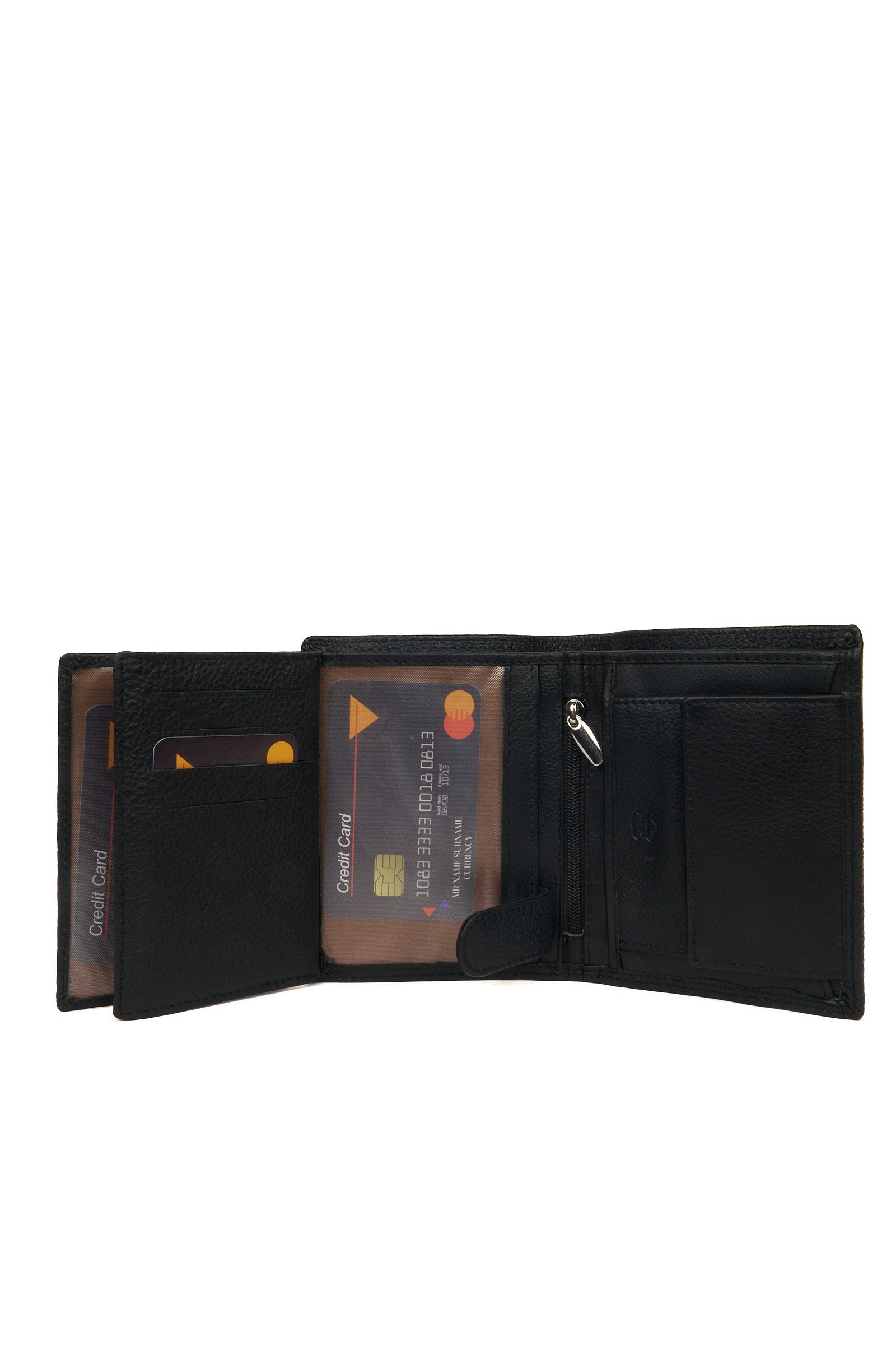 Slim profile of closed black vertical wallet with eagle embossing