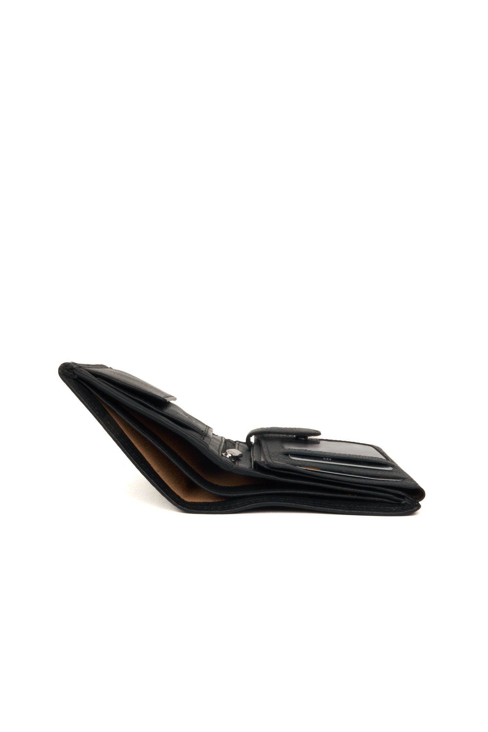 Fully opened vertical wallet showing compartments, zipper, and card slots